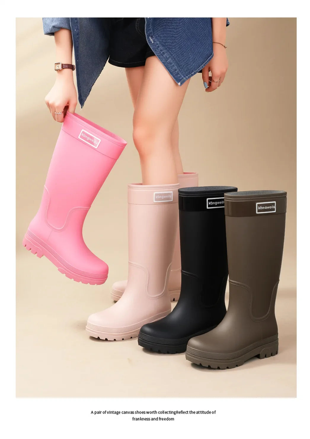 Fashionable High-Tube Women's Rain Boots Anti-Slip Waterproof Kitchen Water Shoes Long Tube PVC Material Adult Slip-Resistant Sh