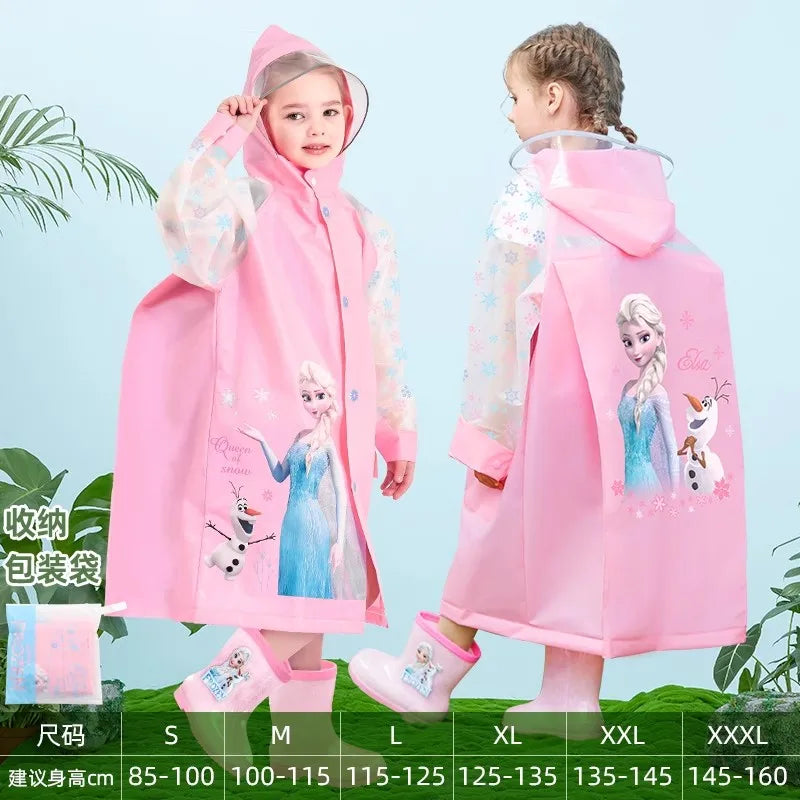 Disney Kids Raincoat Wateproof Children Elsa Spider-Man Rain Poncho Rain Coat Jacket with Backpack Position Student RainWear