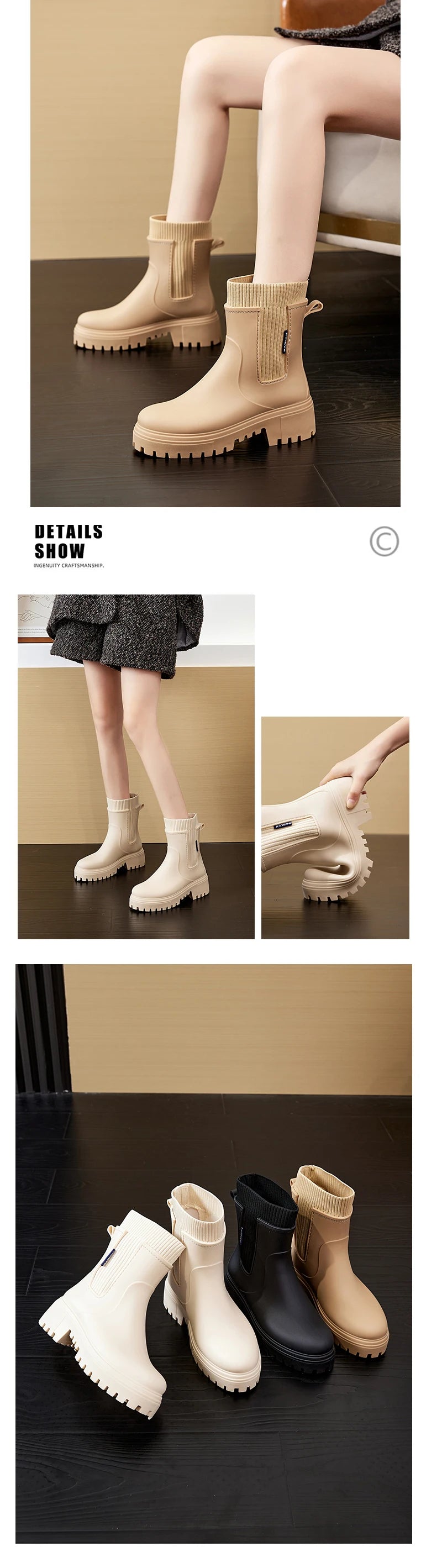 Rain boots women's four seasons fashion outdoor mid-tube waterproof non-slip rubber shoes fashion rain boots with cotton cover