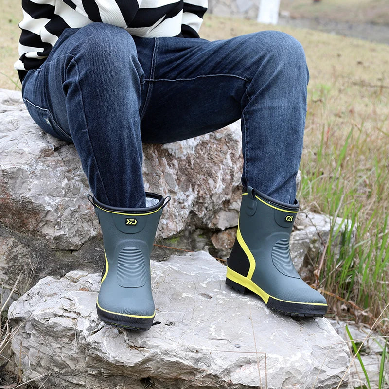 Thiened Fce Lined Rubber Rain Boots Men's Mid-Calf Warm Waterproof Non-Slip Fiing Boots Cold Resistant Booties