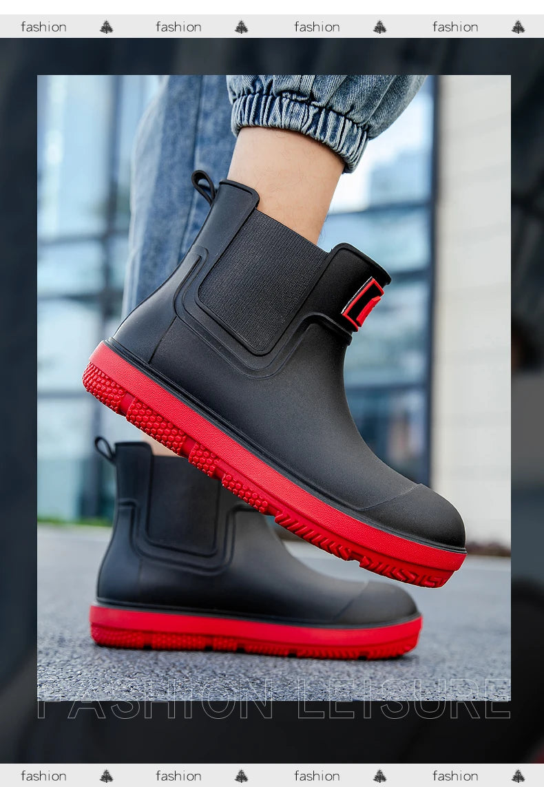 Men's Short-Tube Non-Slip Rain Boots, Fashionable Low-Top Water Shoes, Pvc One-Time Molded Rain Boots, Pastoral Labor Waterproof Shoes