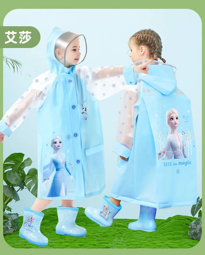 Disney Kids Raincoat Wateproof Children Elsa Spider-Man Rain Poncho Rain Coat Jacket with Backpack Position Student RainWear