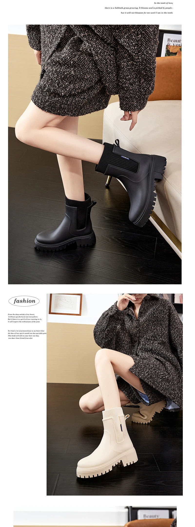 Rain boots women's four seasons fashion outdoor mid-tube waterproof non-slip rubber shoes fashion rain boots with cotton cover