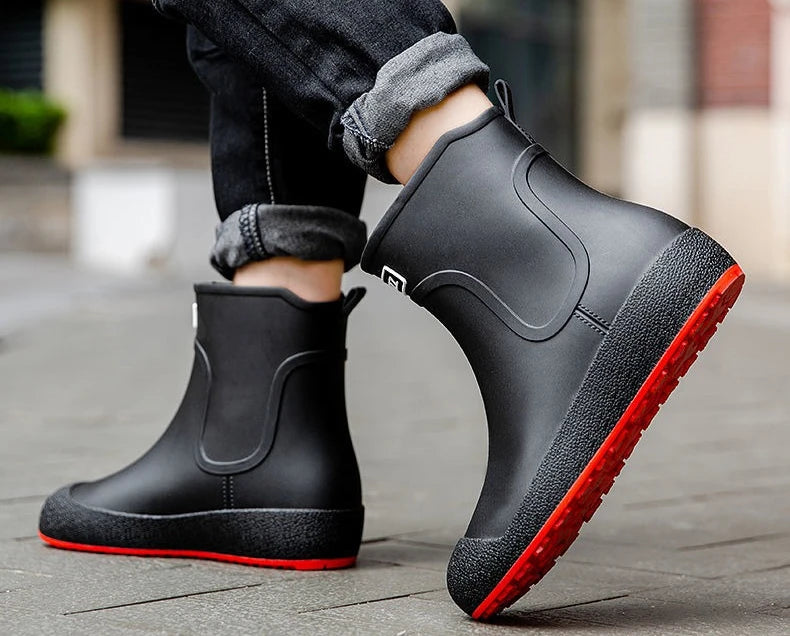 Winter Big Size Warm Waterproof Fleece-lined Short Men's Rain Boots Chef Kitchen Rainy Day Adult Without Lacing Mud Male Shoes