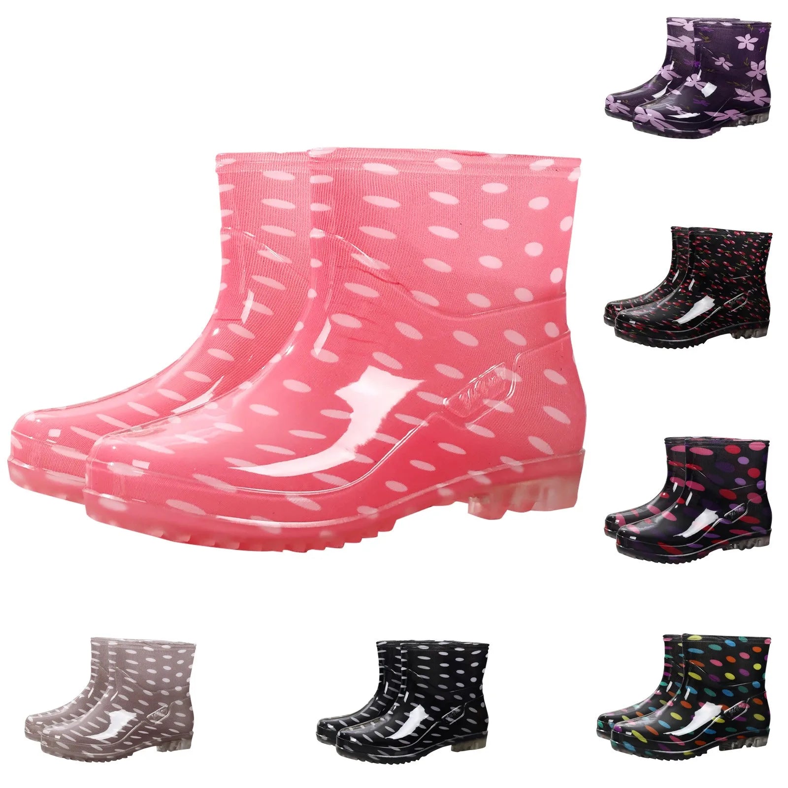 Black Polka Dots Women's Rain Shoes Waterproof And Non-slip Kitchen Work Rubber Shoes Pvc Short Tube Rain Boots Summer Shoes