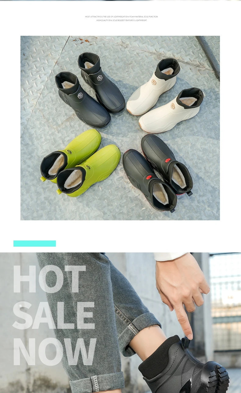 Winter Warm Men's Waterproof Shoes Women's Short Rain Boots Plus Velvet Couple Rain Boots