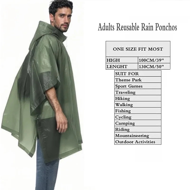 Reusable Rain Ponchos with Drawstring Hood for Adults Waterproof Thicken Rain Coat Outdoor Hiking Raincoat Travel Bicycle Poncho