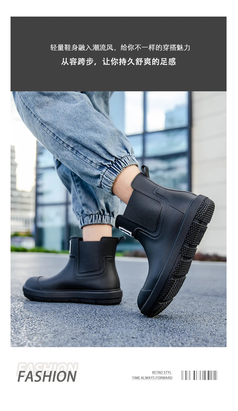 Men's Short-Tube Non-Slip Rain Boots, Fashionable Low-Top Water Shoes, Pvc One-Time Molded Rain Boots, Pastoral Labor Waterproof Shoes