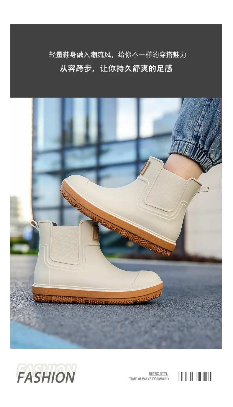 Men's Short-Tube Non-Slip Rain Boots, Fashionable Low-Top Water Shoes, Pvc One-Time Molded Rain Boots, Pastoral Labor Waterproof Shoes