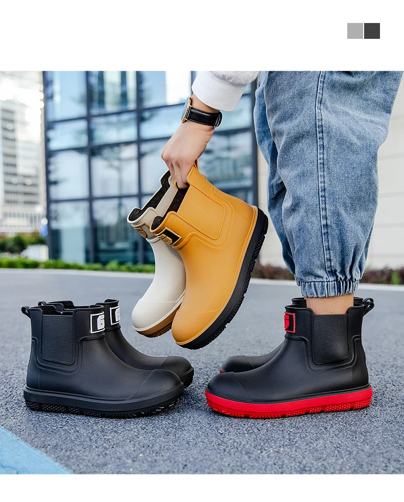 Men's Short-Tube Non-Slip Rain Boots, Fashionable Low-Top Water Shoes, Pvc One-Time Molded Rain Boots, Pastoral Labor Waterproof Shoes