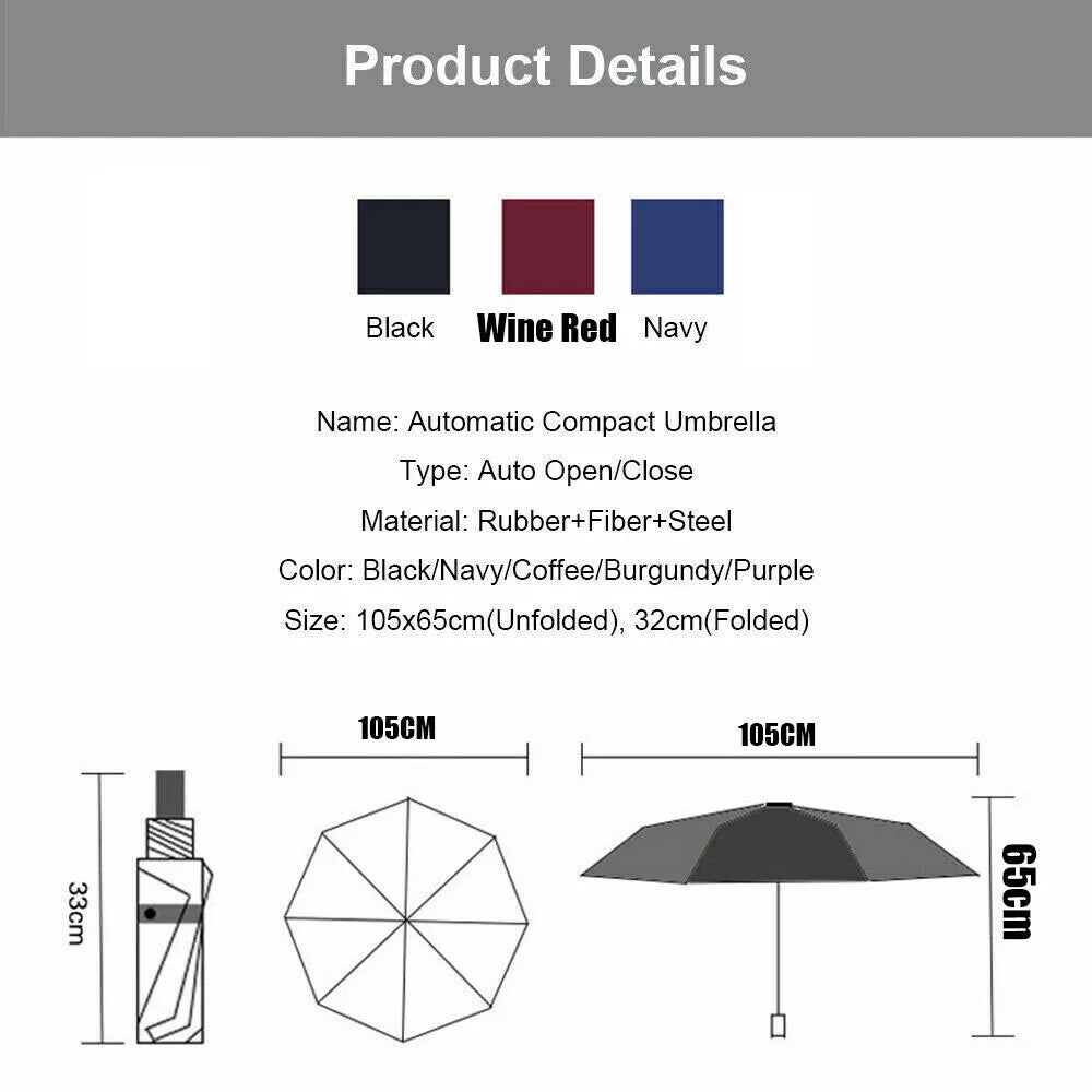 Windproof Wind Resistant 10 Ribs Strong Umbrella Automatic Open Close Folding Umbrella Compact Travel For Men and Women