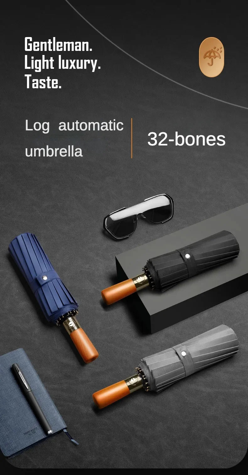 Business Fully Automatic Folding Umbrella Men and Women, Windproof 32 Bone, Wooden Handle, Waterproof Sunshade Rain Umbrellas
