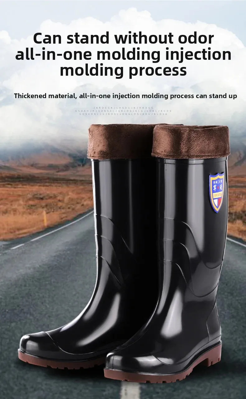 Thickened Cotton Lined Long Tube Winter Rain Boots Men's High Top round Toe Water Shoes Kitchen Shoes with Fleece Men's Rain Sho
