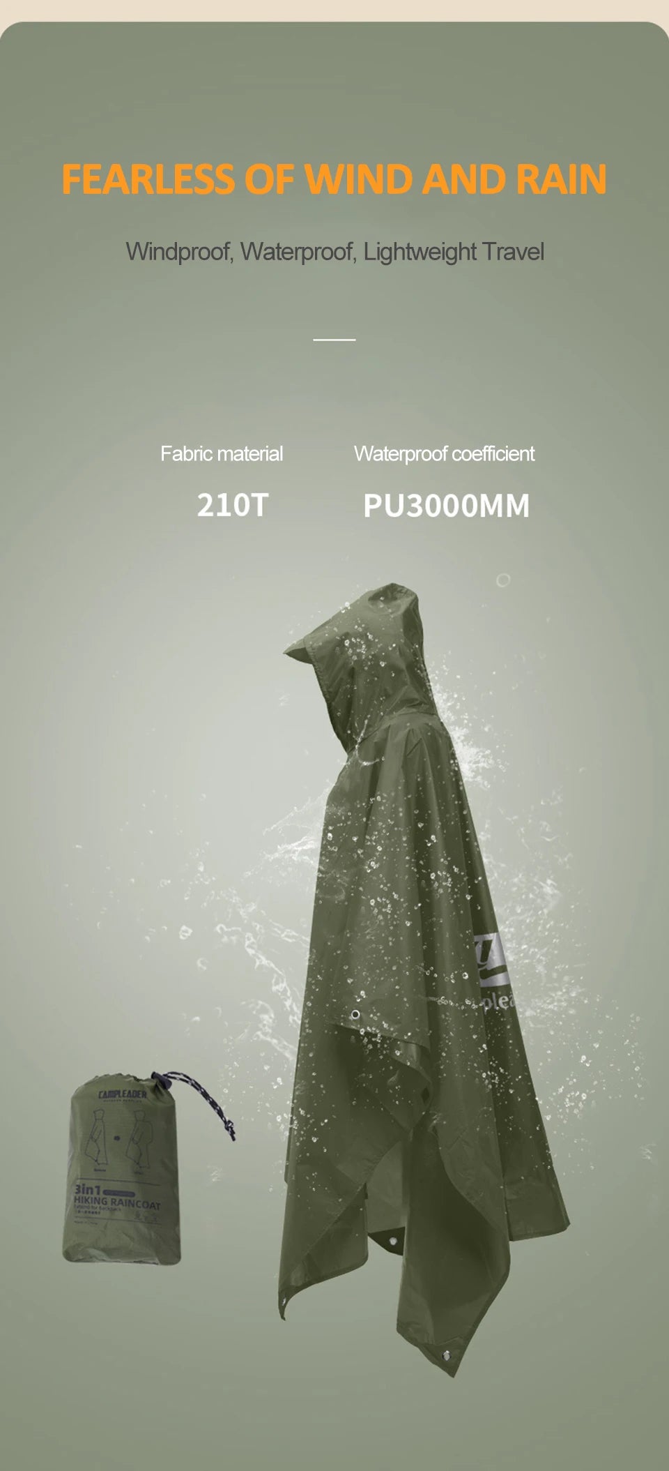 Outdoor 3 In 1 Raincoat Hooded Sleeve Waterproof Rain Poncho Motorcycle Rain Cover Camping Hiking Travel Portable Rainwear Tent