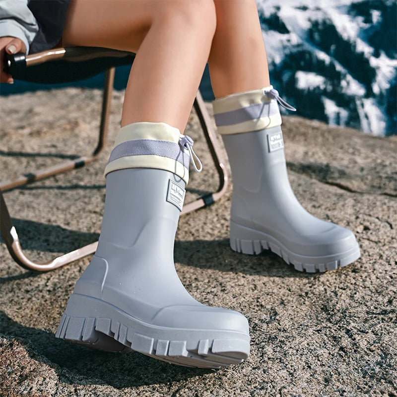 Solid Big Men Women Outdoor Tide Non-slip Waterproof Parent-Child Rain Boots Children Hundred Couple Adjustable Drawstring