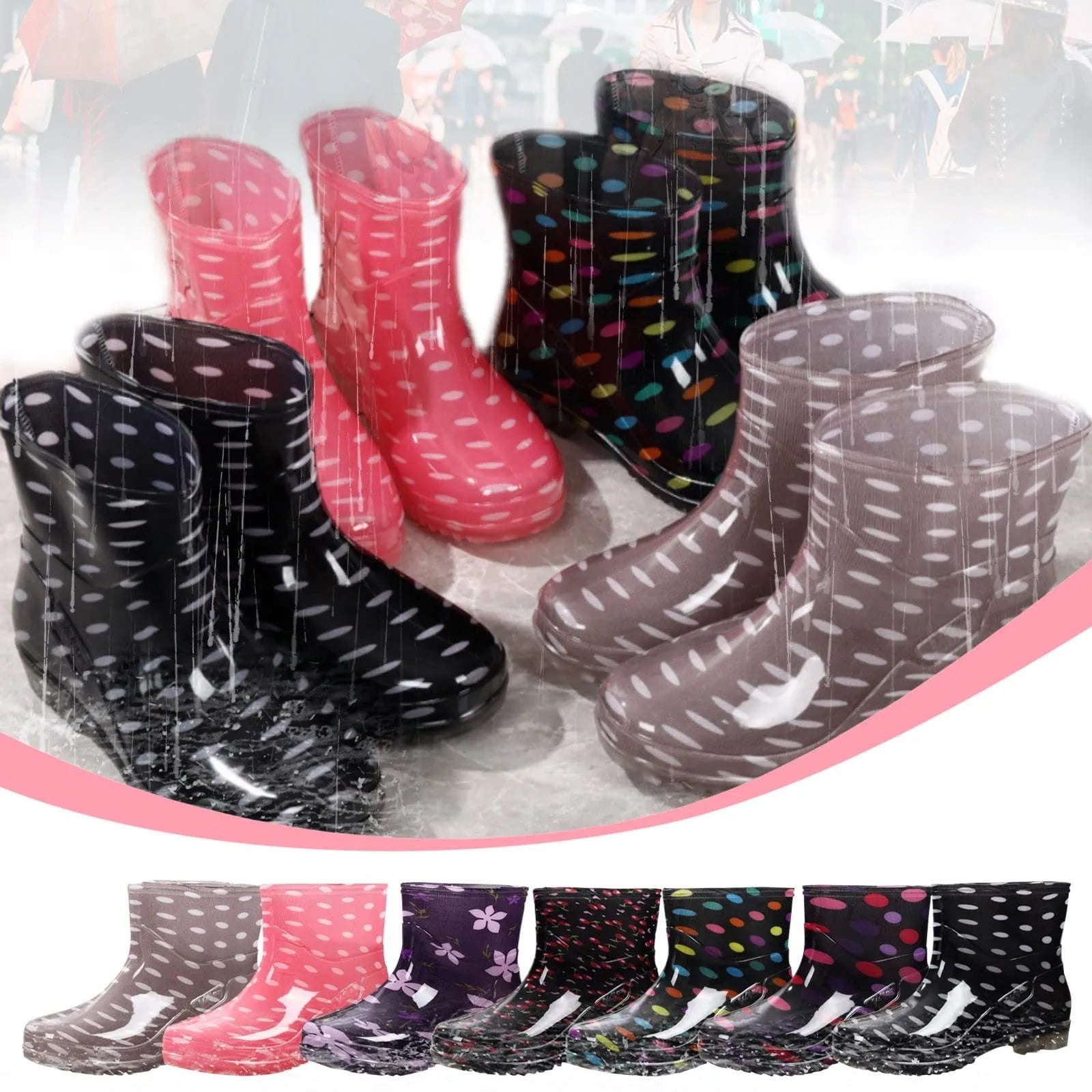 Black Polka Dots Women's Rain Shoes Waterproof And Non-slip Kitchen Work Rubber Shoes Pvc Short Tube Rain Boots Summer Shoes
