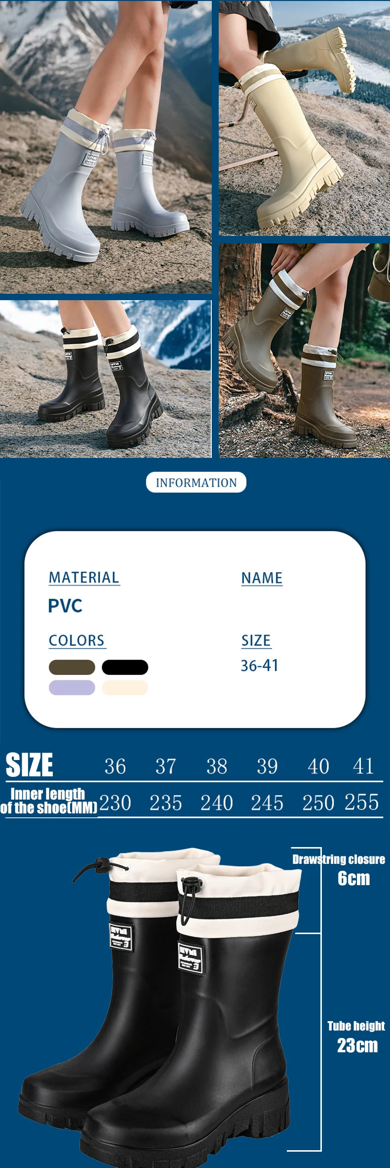 Solid Big Men Women Outdoor Tide Non-slip Waterproof Parent-Child Rain Boots Children Hundred Couple Adjustable Drawstring