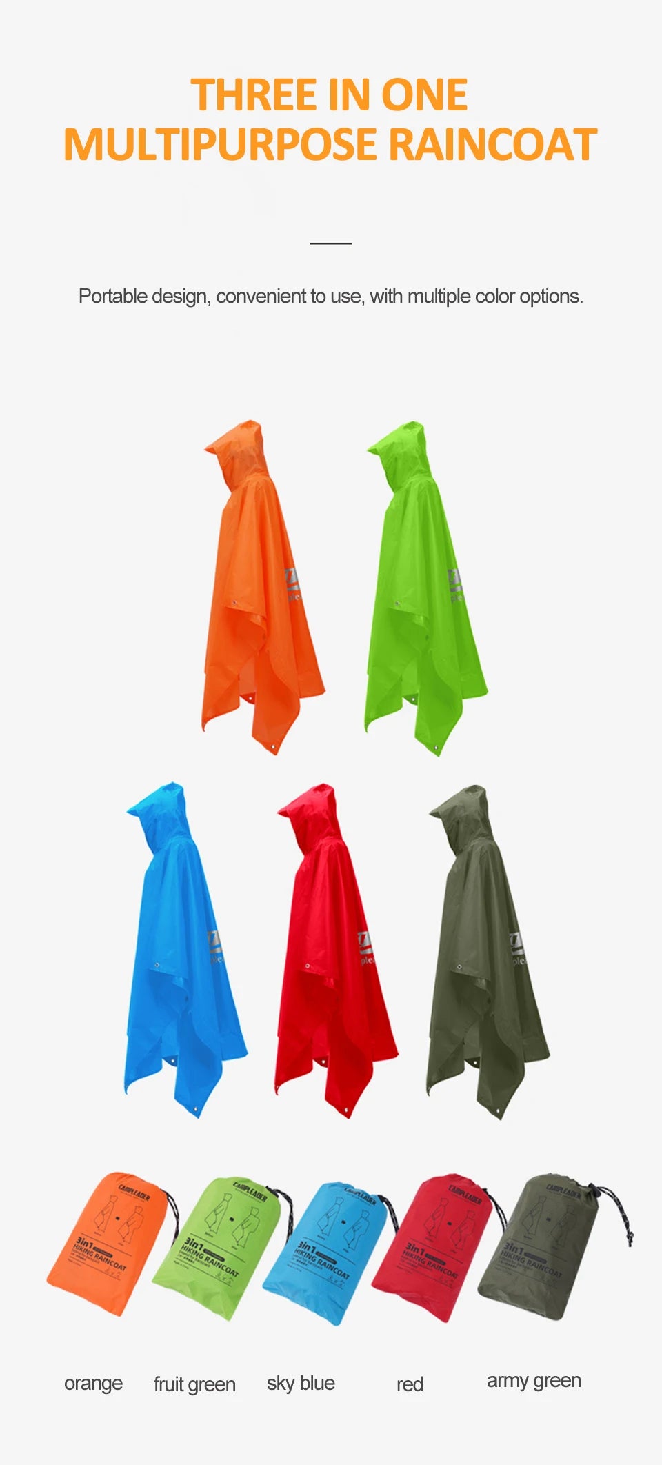 Outdoor 3 In 1 Raincoat Hooded Sleeve Waterproof Rain Poncho Motorcycle Rain Cover Camping Hiking Travel Portable Rainwear Tent