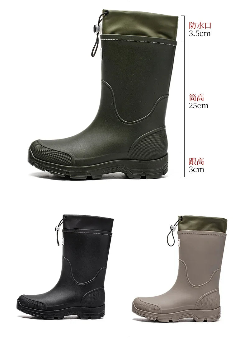 Men's Mid-calf Rain Boots.  New Style. Fashionable Mid-calf Outdoor Slip-resistant Water Shoes. Lightweight and Waterproof