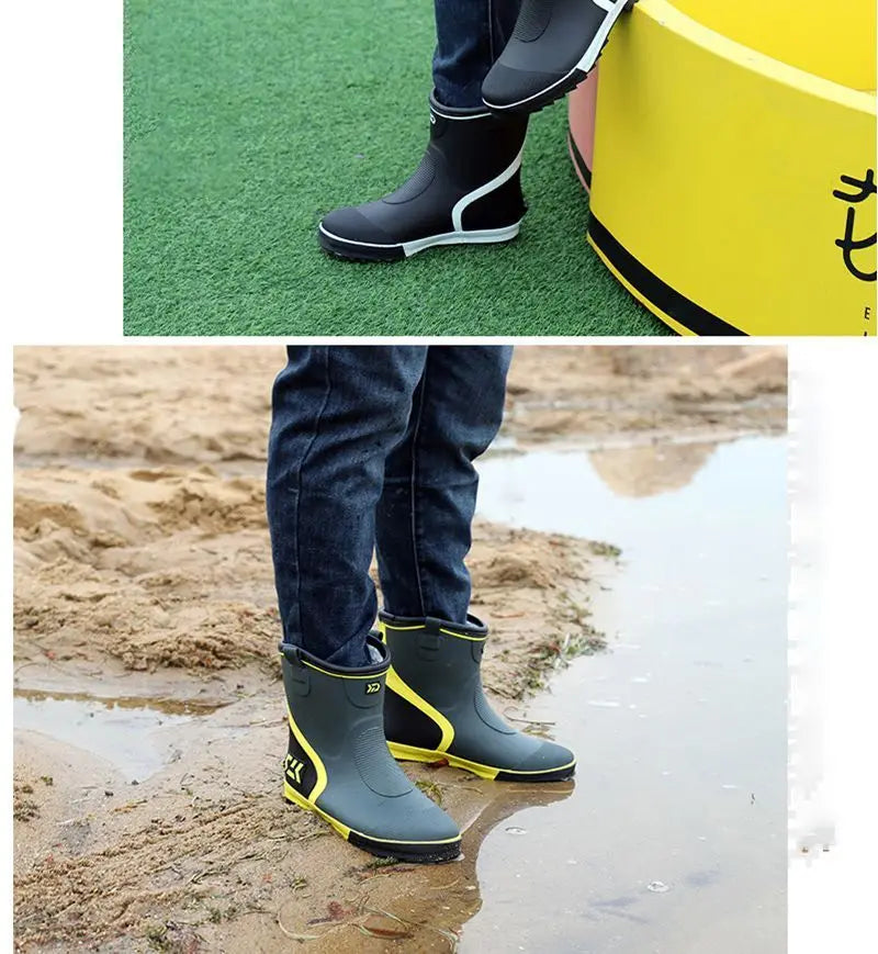 Thiened Fce Lined Rubber Rain Boots Men's Mid-Calf Warm Waterproof Non-Slip Fiing Boots Cold Resistant Booties
