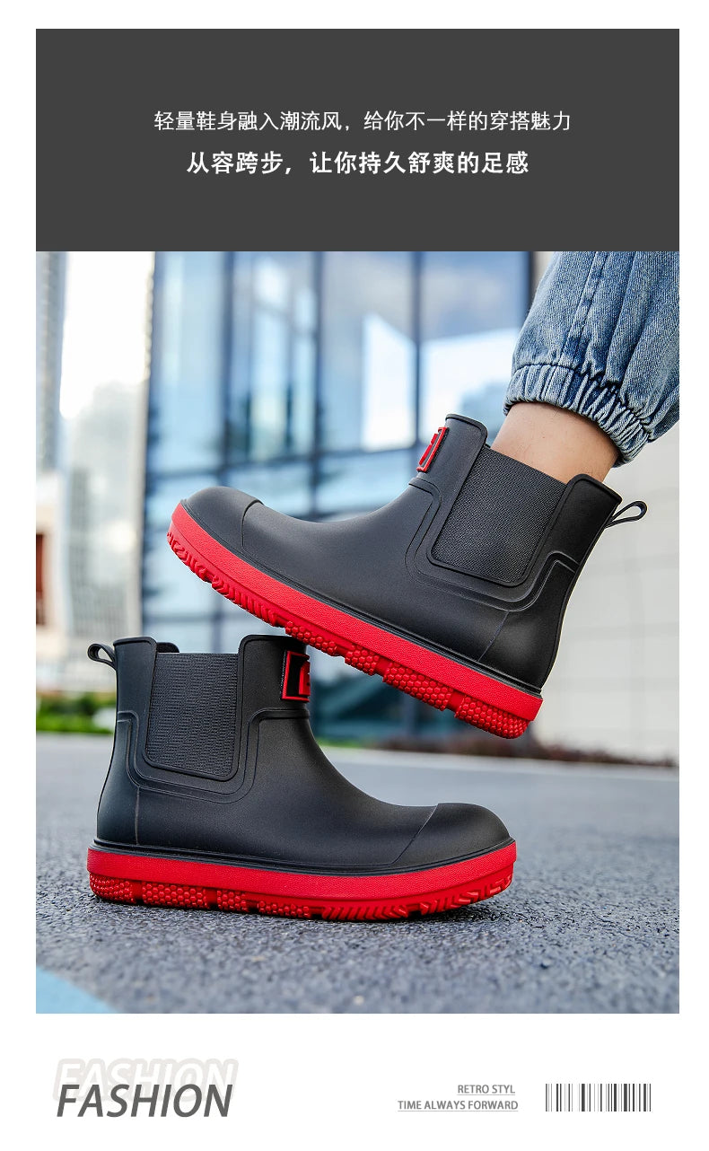 Men's Short-Tube Non-Slip Rain Boots, Fashionable Low-Top Water Shoes, Pvc One-Time Molded Rain Boots, Pastoral Labor Waterproof Shoes