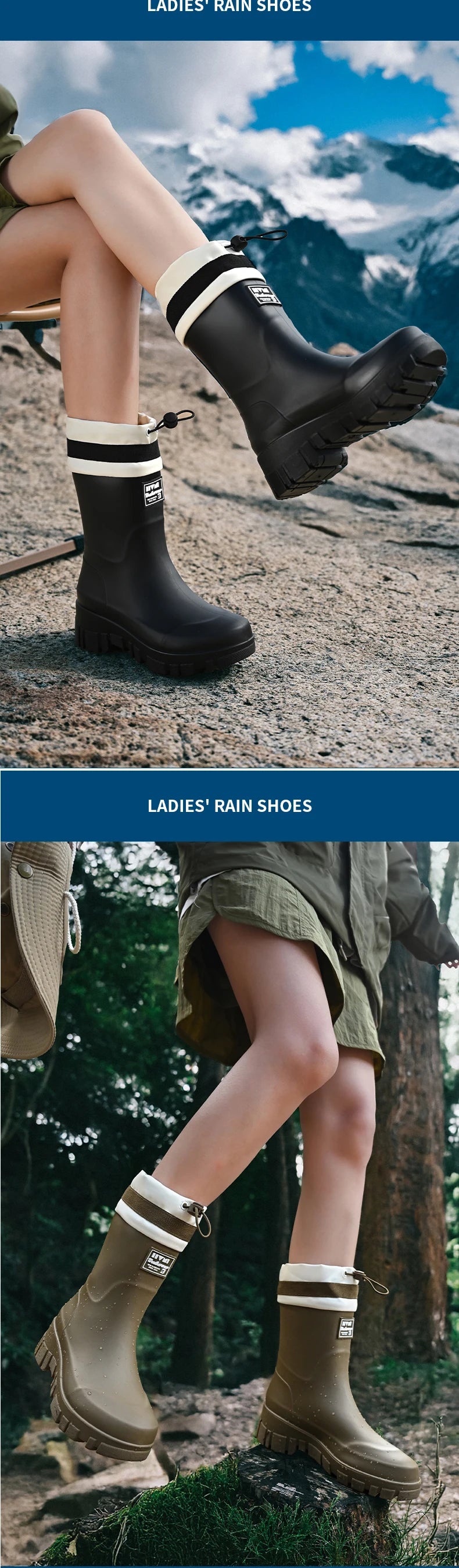 Solid Big Men Women Outdoor Tide Non-slip Waterproof Parent-Child Rain Boots Children Hundred Couple Adjustable Drawstring