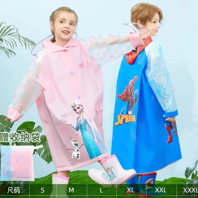 Disney Kids Raincoat Wateproof Children Elsa Spider-Man Rain Poncho Rain Coat Jacket with Backpack Position Student RainWear