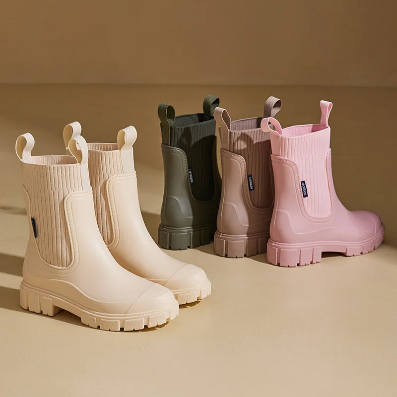 Boots Shoes Solid Mid Calf Shallow Pvc Round Toe Women's Rain Shoes Rain Boots Platform Women Waterproof Boots Markdown Sale