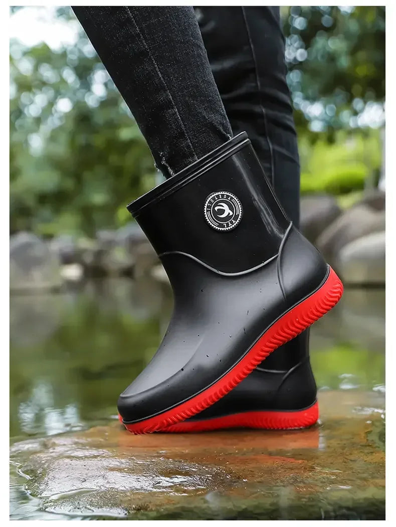 Men Rain Boots Non-slip Light Hiking Rain Shoes Slip on Waterproof Outdoor Leisure Rubber Fishing Shoes Work Water Shoes
