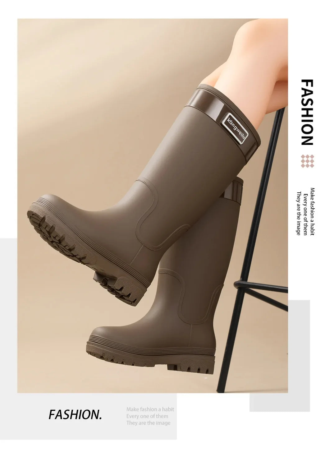 Fashionable High-Tube Women's Rain Boots Anti-Slip Waterproof Kitchen Water Shoes Long Tube PVC Material Adult Slip-Resistant Sh