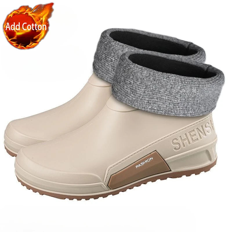 Waterproof Ankle Rain Boots for Men Chef Kitchen Fleece-lined Man Shoes Work Fashion Rainy Day Non-slip Garden Fishing Wellies