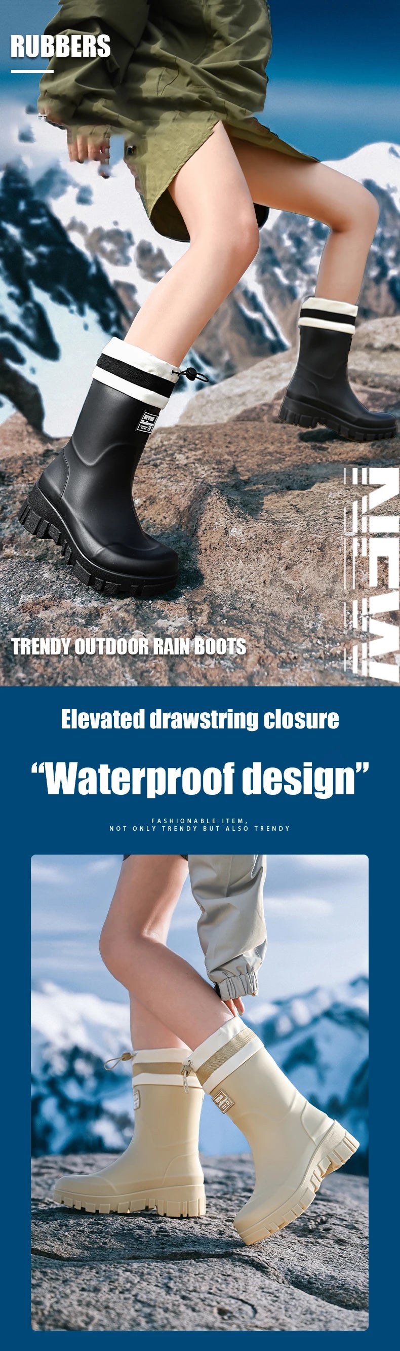 Solid Big Men Women Outdoor Tide Non-slip Waterproof Parent-Child Rain Boots Children Hundred Couple Adjustable Drawstring