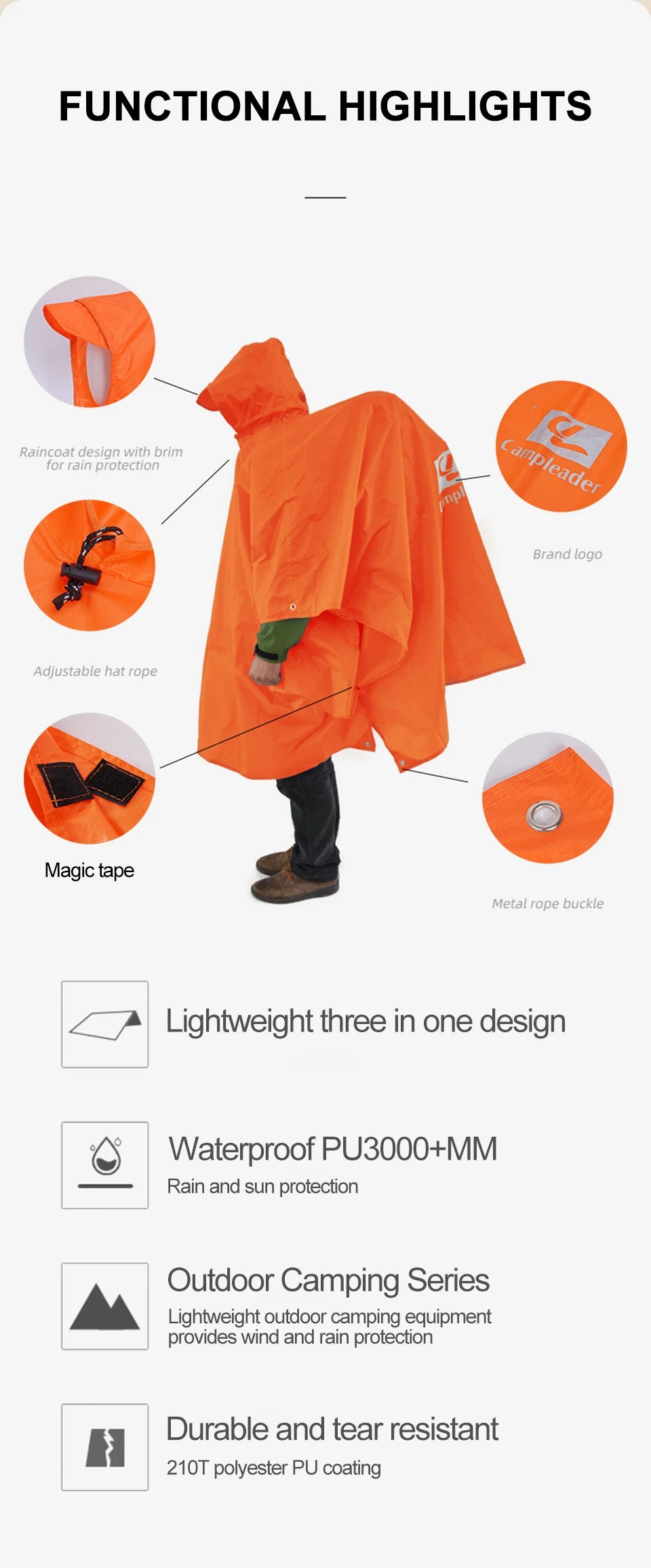 Outdoor 3 In 1 Raincoat Hooded Sleeve Waterproof Rain Poncho Motorcycle Rain Cover Camping Hiking Travel Portable Rainwear Tent
