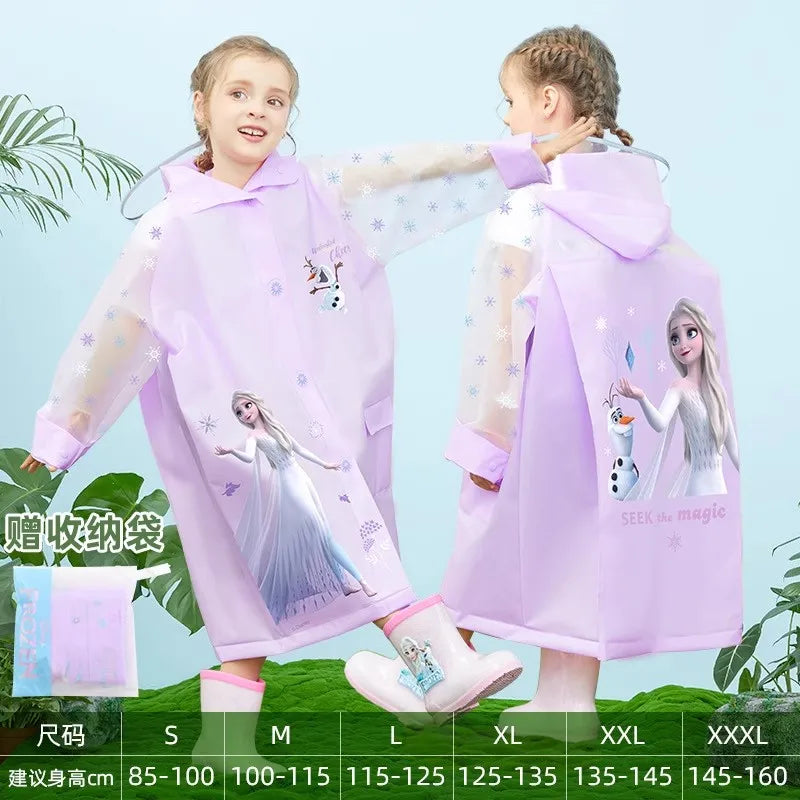 Disney Kids Raincoat Wateproof Children Elsa Spider-Man Rain Poncho Rain Coat Jacket with Backpack Position Student RainWear