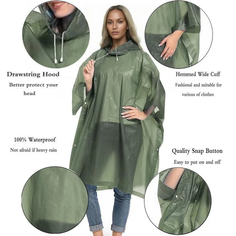 Reusable Rain Ponchos with Drawstring Hood for Adults Waterproof Thicken Rain Coat Outdoor Hiking Raincoat Travel Bicycle Poncho