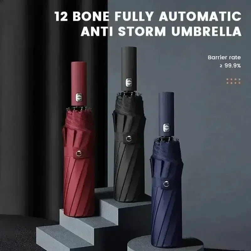 Thick and durable 12-rib black glue fully automatic umbrella, anti-ultraviolet, foldable umbrella for both sunny and rainy use.