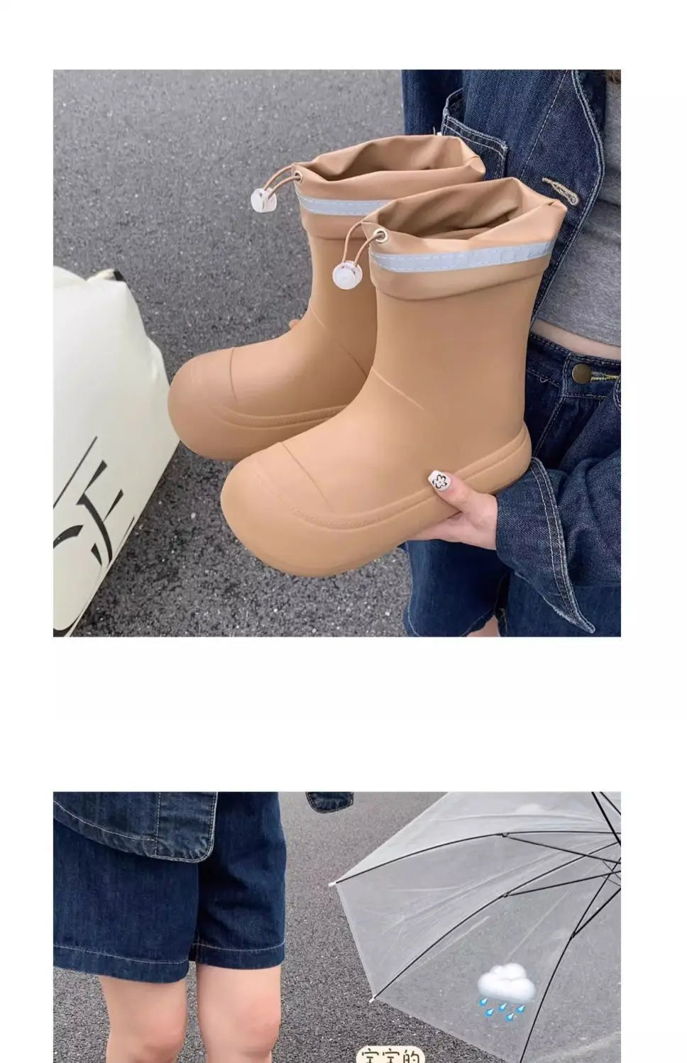 Solid Big  Men Women Outdoor Tide Non-slip Waterproof Parent-Child Rain Boots Children Hundred Couple Adjustable Drawstring