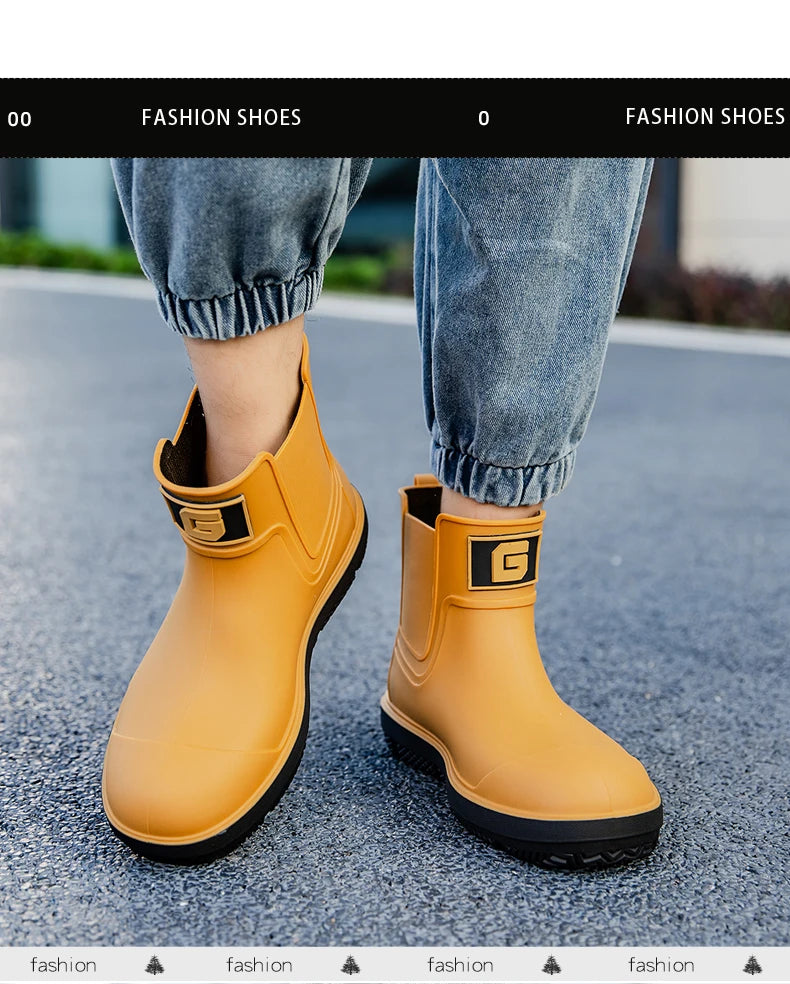 Men's Short-Tube Non-Slip Rain Boots, Fashionable Low-Top Water Shoes, Pvc One-Time Molded Rain Boots, Pastoral Labor Waterproof Shoes