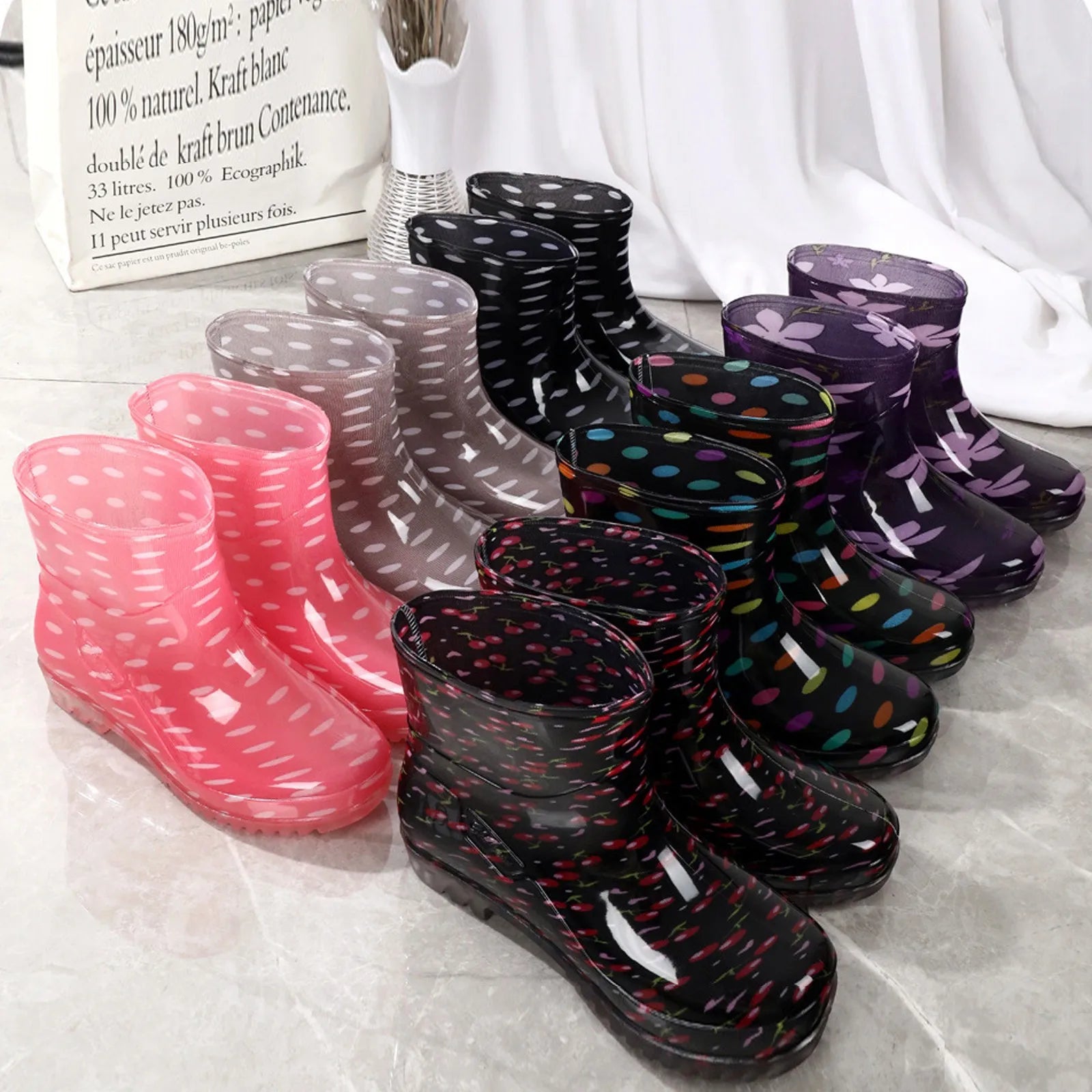 Black Polka Dots Women's Rain Shoes Waterproof And Non-slip Kitchen Work Rubber Shoes Pvc Short Tube Rain Boots Summer Shoes