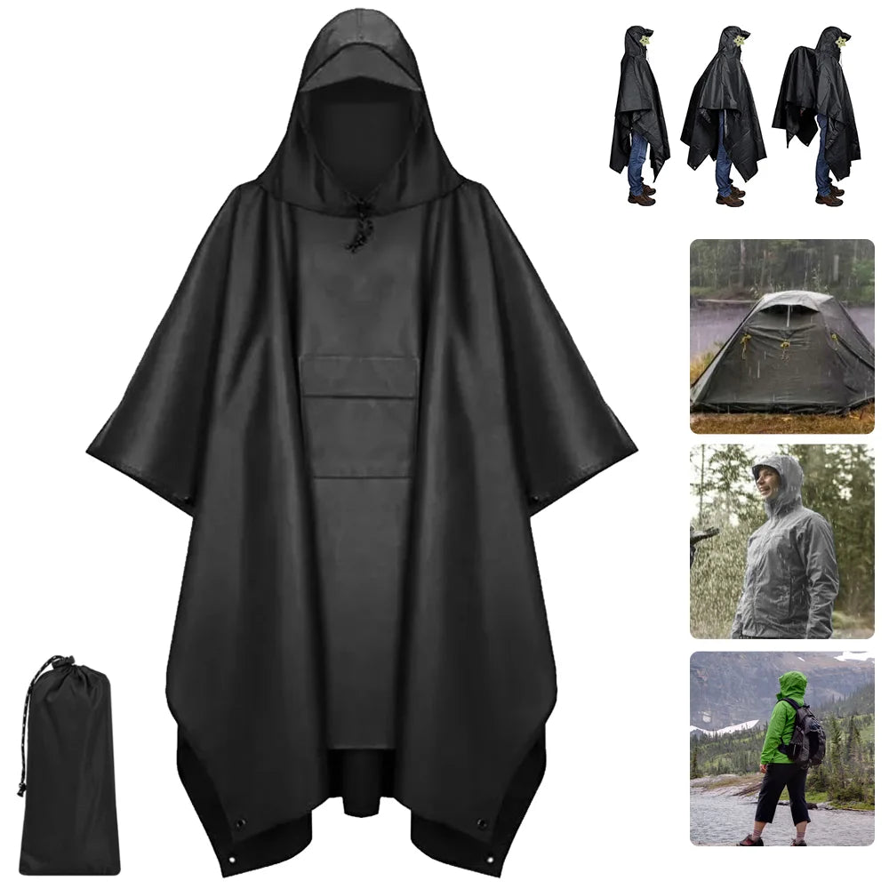 3 In 1 Outdoor Military Raincoat Hooded Sleeve Waterproof Rain Poncho Motorcycle Rain Cover Camping Hiking Travel Rainwear Tent