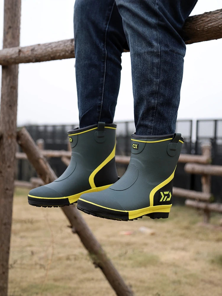 Thiened Fce Lined Rubber Rain Boots Men's Mid-Calf Warm Waterproof Non-Slip Fiing Boots Cold Resistant Booties