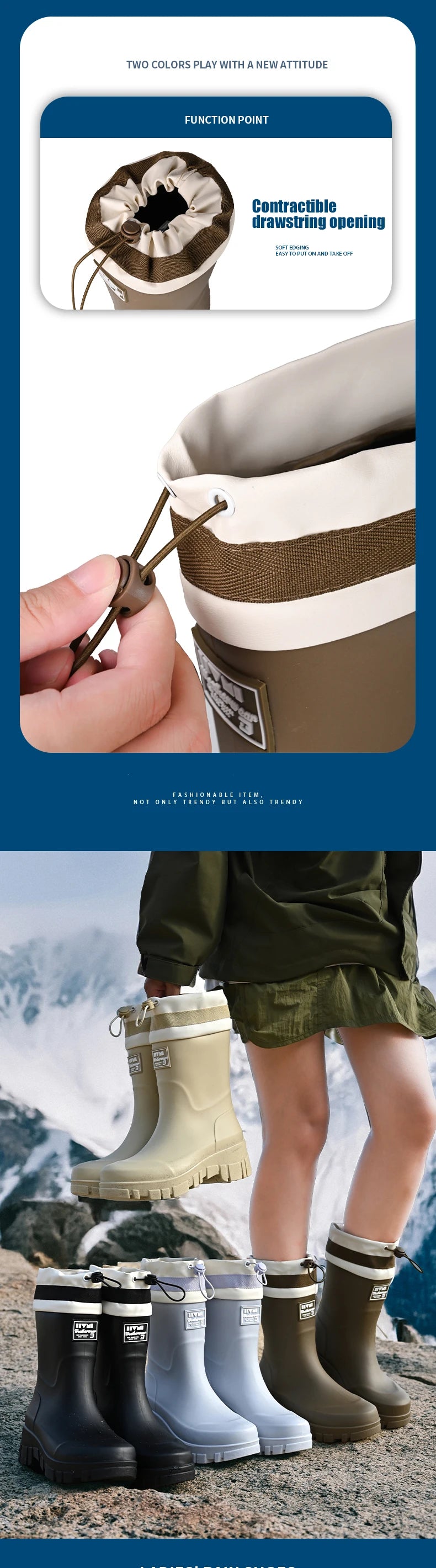 Solid Big Men Women Outdoor Tide Non-slip Waterproof Parent-Child Rain Boots Children Hundred Couple Adjustable Drawstring