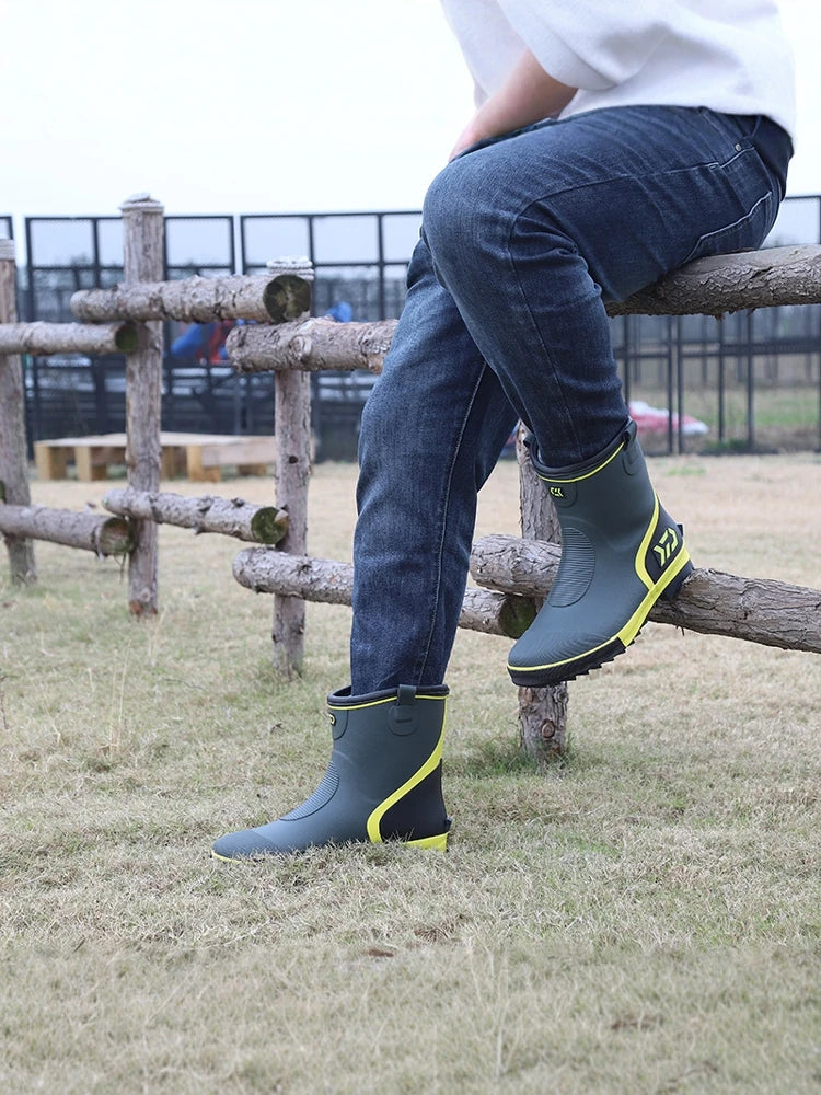 Thiened Fce Lined Rubber Rain Boots Men's Mid-Calf Warm Waterproof Non-Slip Fiing Boots Cold Resistant Booties