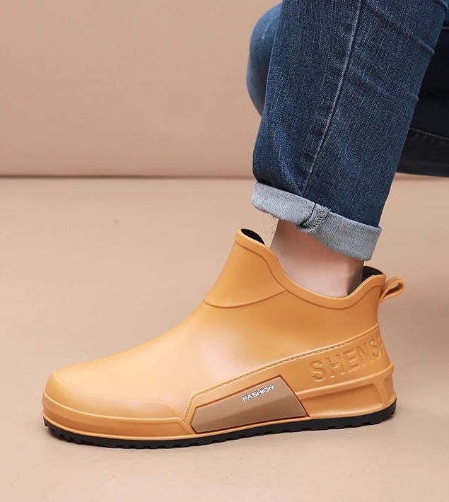 Waterproof Ankle Rain Boots for Men Chef Kitchen Fleece-lined Man Shoes Work Fashion Rainy Day Non-slip Garden Fishing Wellies