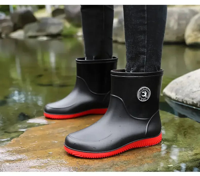 Men Rain Boots Non-slip Light Hiking Rain Shoes Slip on Waterproof Outdoor Leisure Rubber Fishing Shoes Work Water Shoes