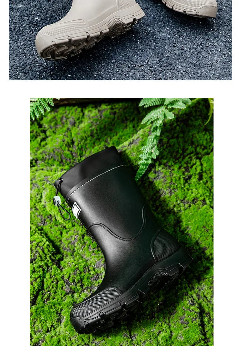 Men's Mid-calf Rain Boots.  New Style. Fashionable Mid-calf Outdoor Slip-resistant Water Shoes. Lightweight and Waterproof