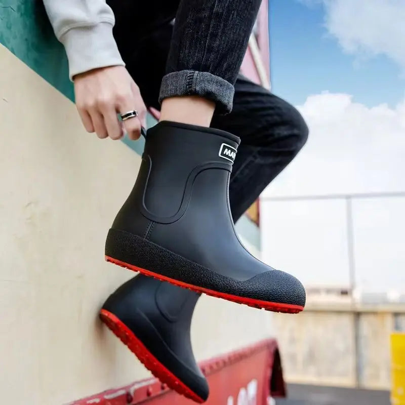 Winter Big Size Warm Waterproof Fleece-lined Short Men's Rain Boots Chef Kitchen Rainy Day Adult Without Lacing Mud Male Shoes