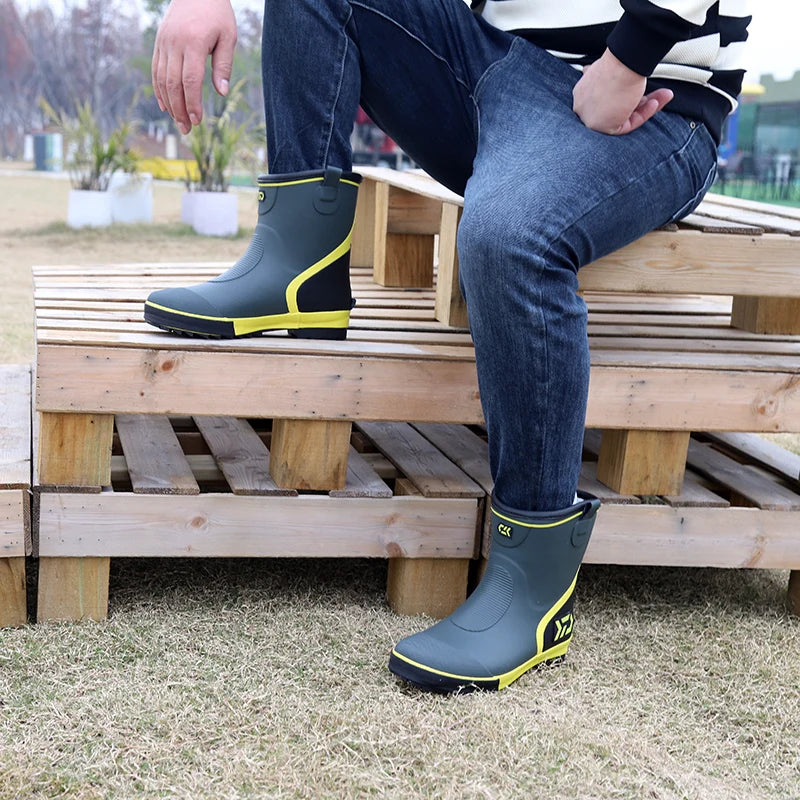 Thiened Fce Lined Rubber Rain Boots Men's Mid-Calf Warm Waterproof Non-Slip Fiing Boots Cold Resistant Booties