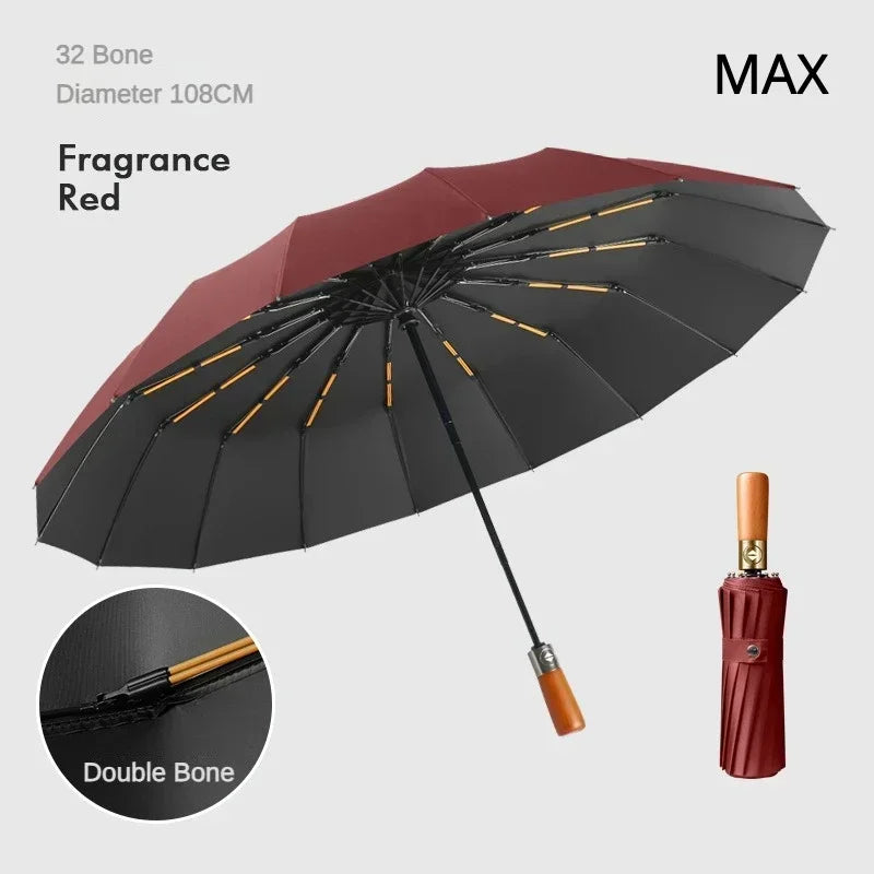 Business Fully Automatic Folding Umbrella Men and Women, Windproof 32 Bone, Wooden Handle, Waterproof Sunshade Rain Umbrellas