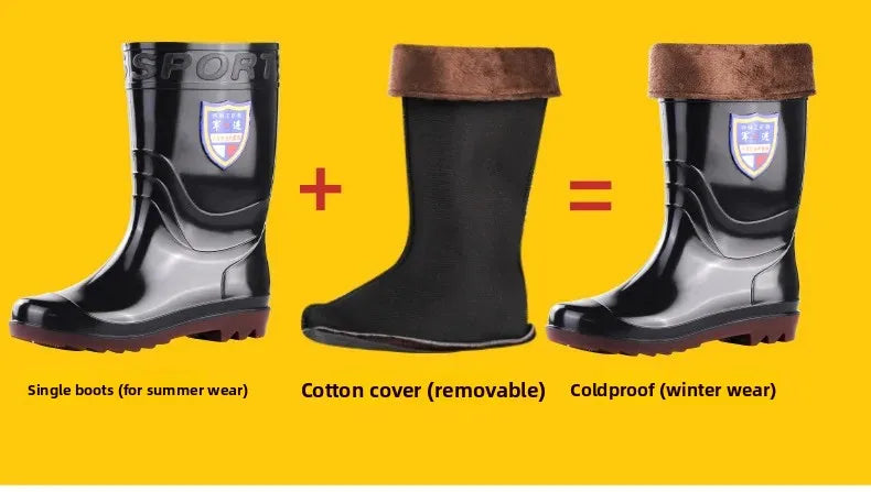 Thickened Cotton Lined Long Tube Winter Rain Boots Men's High Top round Toe Water Shoes Kitchen Shoes with Fleece Men's Rain Sho